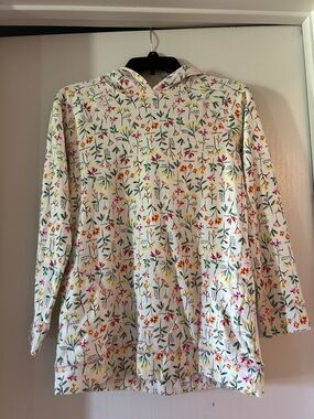 Lands' End White Hoodie with Pink Trim and Multicolor Floral Print